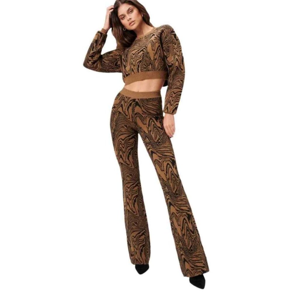 Good American Intarsia Brown Knit Flare Pants Size 1 (S) Cozycore Loungewear